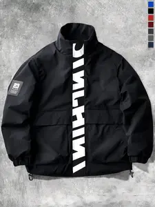 Men's Casual Stand Collar Jacket Ins Punk Style Street Y2K Design Flight Jacket with Letter Print and Small Leather Patchwork Design, Fashionable and Versatile, Perfect for Everyday Outings and Trendy Outfits, Suitable for All Seasons. durable surface