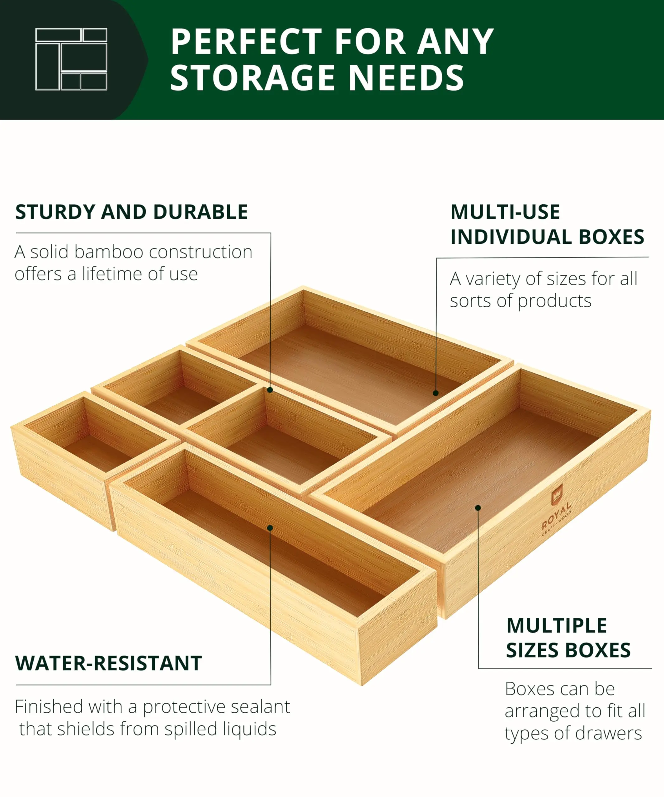 5-Piece Bamboo Drawer Organizer Set – Versatile Storage Trays for Kitchen, Bathroom, Office, Makeup, Jewelry & More – Drawer Dividers, Utensil Organizer & Storage Bin Set