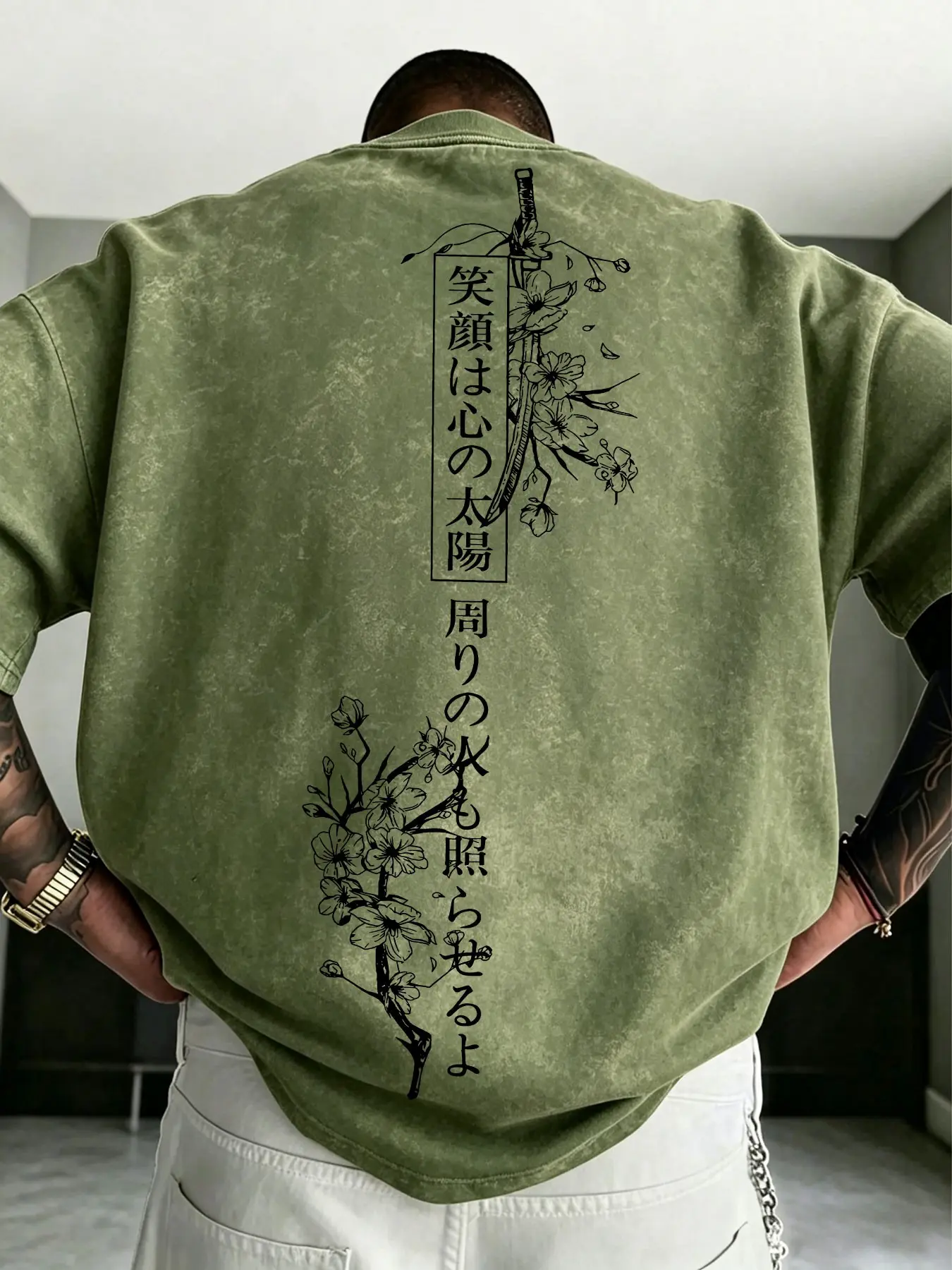 Men's Casual Vintage Washed T-Shirt, Cherry Blossom Samurai Print, Loose Fit Short Sleeve, Streetwear Daily Wear, Multiple Scenes