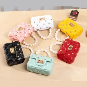 Diamond Jelly Bag with Chain Strap, Pearl Handle Crossbody Mini Bag