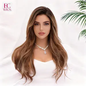 EC Wigs KHLOE 24 Inch Highlight Mix BROWN With Dark Rooted Synthetic Body Wig With Bangs for Women Soft Fluffy Natural Look