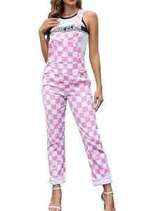 OPDNBON Women's Checkered Stretch Denim Overalls Football Game Day Outfit Halloween Christmas Fall Festival Fashion Jumpsuit Bib Coveralls
