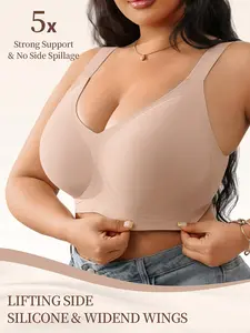 Women's Plus Size Everyday No-Wire Push-Up Bra, Large Cup Support, Seamless Design, Deep V Neck, Soft Fabric, T-Shirt Style, Jelly Bra