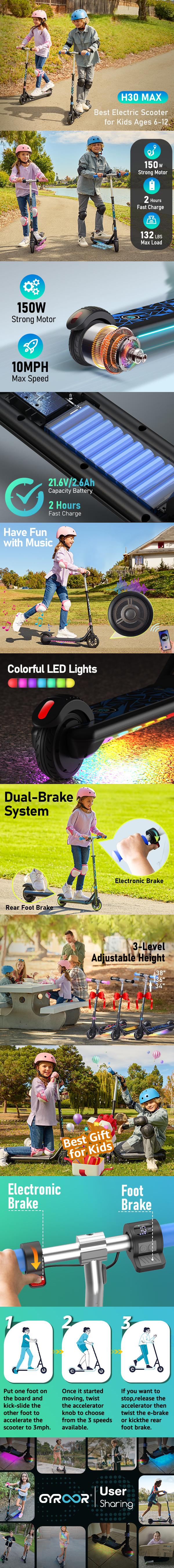 H30 Max Electric Scooter for Kids, LED Dispaly, 150W Powerful Motor, Dual Brake System, Adjustable Height and Speed, Best Presents for Kids