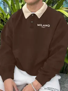 Men's Fall Winter Letter Print Polo Neck Sweatshirt, Casual Outdoor Fitted Pullover, Half Button Design, Moderate Fabric Thickness