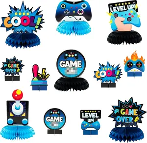 12 Pcs 3D Video Game Themed Table Centerpieces, Blue Honeycomb Table Decor.Suitable for birthday parties, baby showers and gaming themed events for kids and game lovers.
