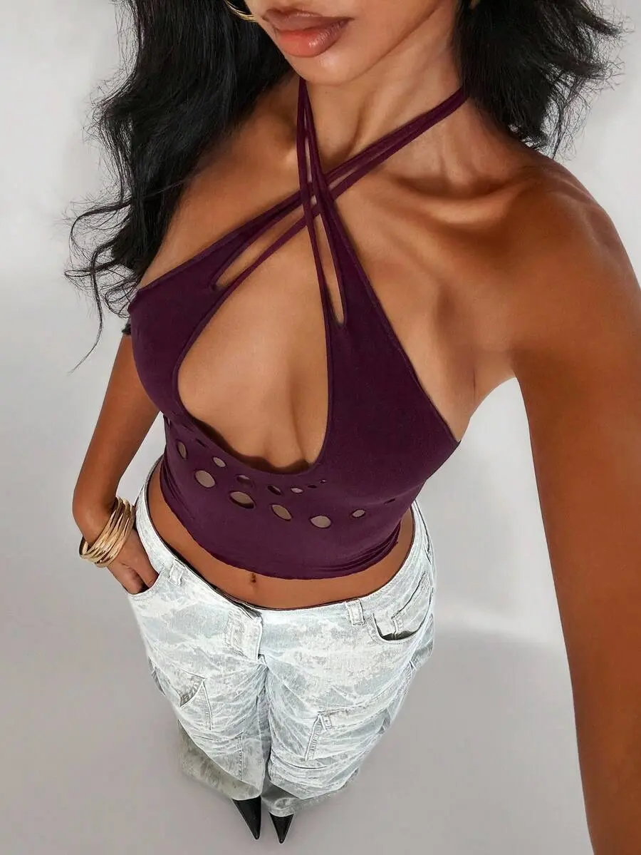 XLAIS Women's Punk Style Cropped Halter Neck Hollow Out Back Tank Top