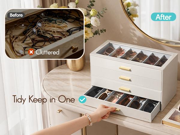 VLANDO Sunglasses Organizer Case,  Eyeglass Storage Box with Clear Lid and 2/3/4 Drawers, PU Leather Glasses Holder for Women and Men, bedroom  organizer summerwins,dorm essentials,home decor