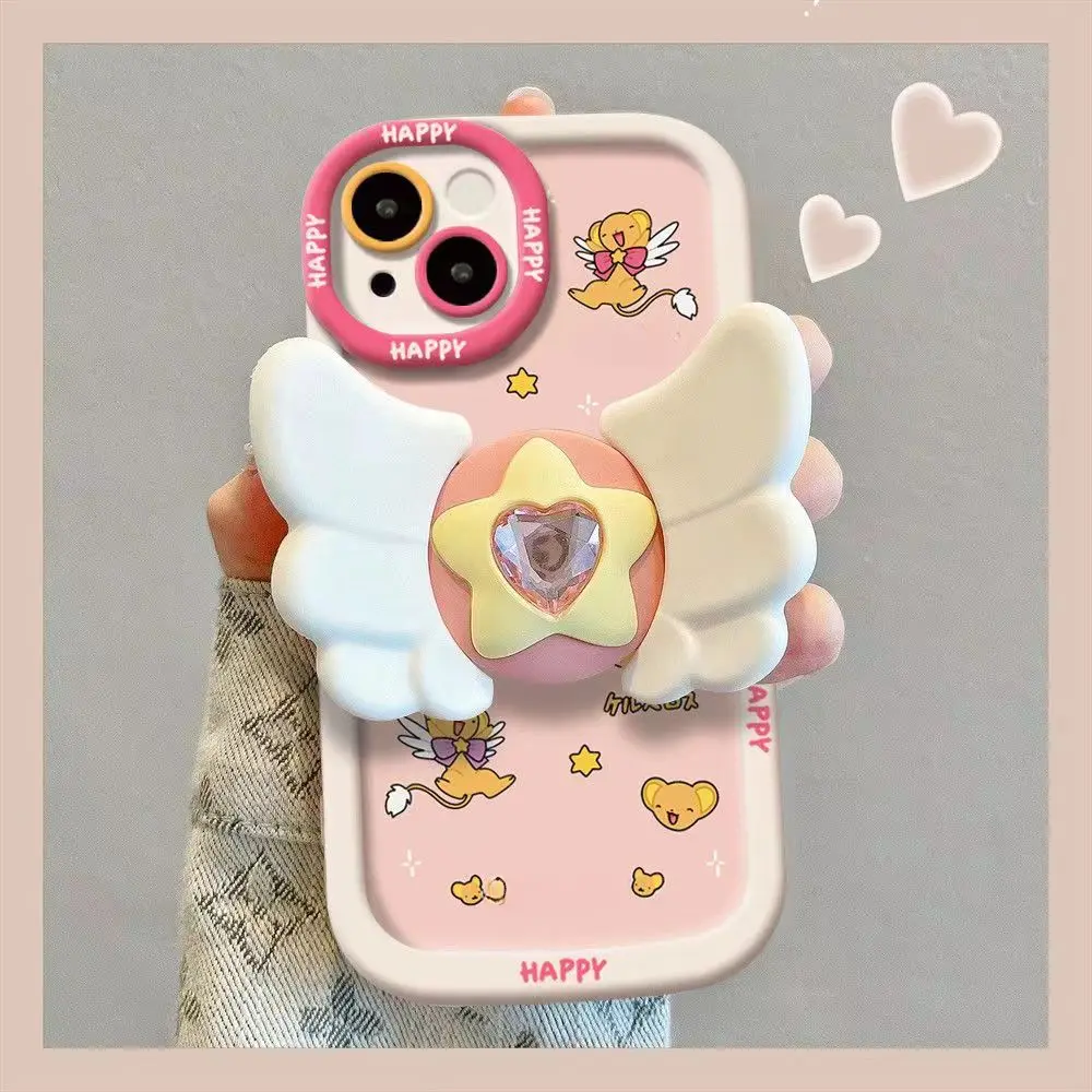 Aesthetic Blush Pink Nordic Cartoon Silicone Star TPU iPhone Case - Soft Shockproof Protection, Anti-Fingerprint, Precise Cutouts, Rotatable White-Pink Wings + Stand, Mobile Phone Accessory