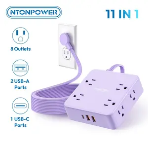 NTONPOWER Flat Extension Cord, 11-in-1  Power Strip with Surge Protector, 8 Outlets & 3 USB Ports, 3-Prong, Wall-Mount Outlet Extender, Indoor Multiple Outlets for Home & Office