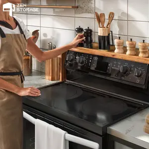 Stove Top Shelf Bamboo, 32.5" Over Stove Spice Rack Organizer, Kitchen Above Stove Shelf, Heat Resistant Back of Stove Shelf for Seasoning with 6 Hooks