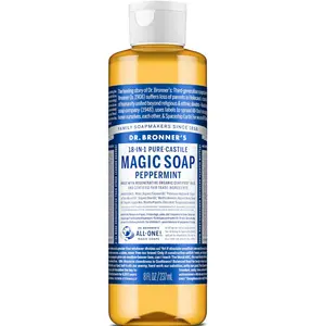 Dr. Bronner's Pure-Castile Magic Liquid Soap (Peppermint, 8 Ounce)- Made with Organic Oils, 18-in1 Uses: Face, Hair, Hand & Body Soap, Laundry, Pets- Concentrated, Vegan, Non-GMO