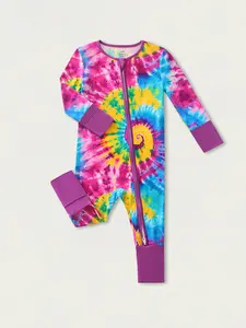 Baby long-sleeved bamboo fiber romper, two-way zipper, foldable hand and foot cuffs,tie-dye print pattern, suitable for all seasons, infant gift, Can be worn as outerwear