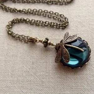 Vintage Victorian Style Handmade Necklace - Moon Dragonfly With White Faux Opal Jewelry Pendant Chains vintage jewelry