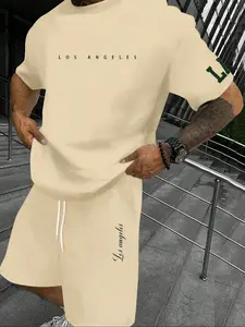 Men's Regular Fit Letter Print Tee & Shorts Set, Casual Round Neck Short Sleeve T-shirt & Track Shorts, Men's Summer Clothes, Casual Outfit Set, Menswear