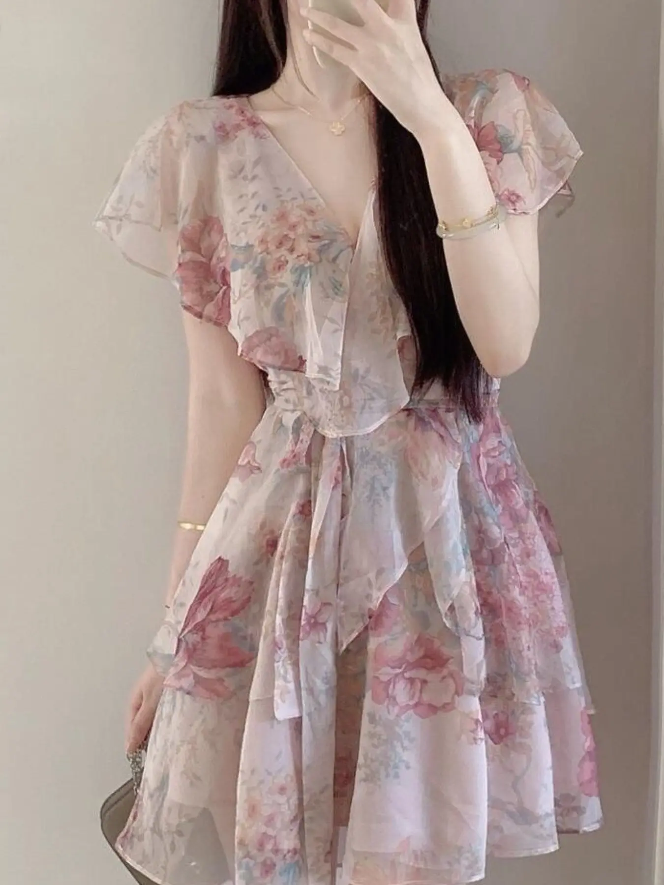 Summer Vacation Style Chiffon Dress, French Elegance Bow Floral Ruffle Print, Essential Spring Summer Short Dress for Women