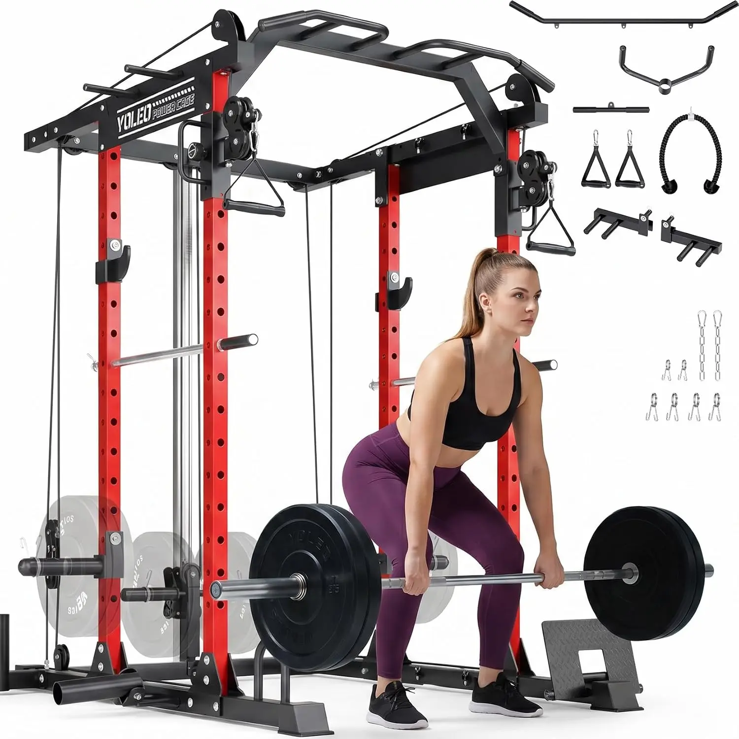 【3 Packages Shipping】YOLEO Smooth Pulley System Power Cage, Adjustable Cable Crossover Power Rack, Multi-Functional Cable Machine for Home Gym