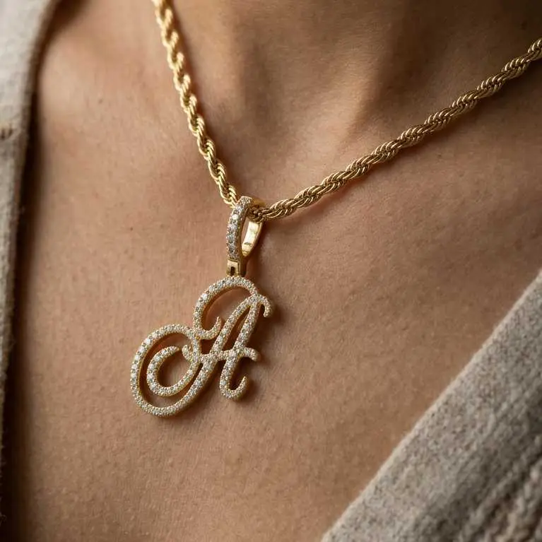 Aera Cursive Initial Necklace, 18k Plated Letter Pendant with 3mm Rope Chain, Gold/Silver Topcoat Resistant Finish, Jewelry Accessory for Her Gifts Alphabet Detail Pendant Rope Chain Necklaces