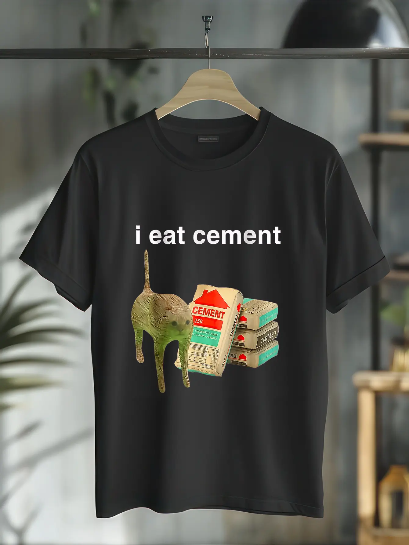 Men's Vintage Cotton Crew Neck T-Shirt - Distressed Look, 'I Eat Cement' Cursed Cat Graphic, Short Sleeve Menswear Tops, Casual Funny Meme Streetwear, Playful Print, Round Neck, Whimsical, Playful Look, All Seasons, Large, Everyday Tee With Punch, Funny V