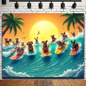 2D Flat Banner, 1pc Surfing Dogs Tropical Beach Sunset Theme Backdrop with Palm Trees And Ocean Waves - Vibrant Wall Decoration for Summer Party Events Photography - No Need for Electricity