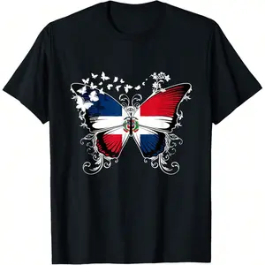 New[100% Cotton] Dominican Republic Flag Shirt Butterfly Graphic T Shirt T-Shirt Golf Gift T-Shirt For Men And Women