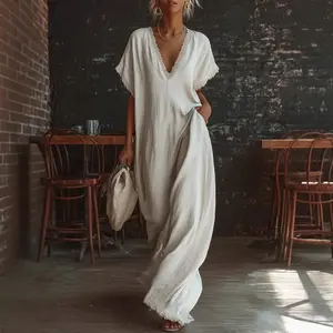 Women's Spring and Summer New Casual Solid V-Neck Elegant Comfort Lace Trim Loose Linen Cotton Maxi Dress, Vacation, Daily Wear Dress