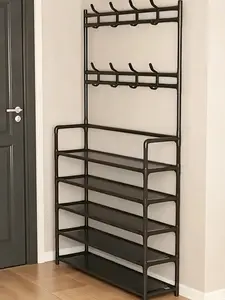 3-in-1 Entryway Organizer: Shoe Rack with Coat Rack, 5-Tier Shoe Storage Stand with 8 Hooks, Freestanding Hall Tree for Living Room, Bedroom Adjustable Display Racks