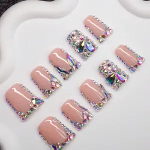 10 Pcs Handmade French Nail Tips, Crystal Decor, Y2K Style, Nude Color, 4 Sizes, Party, Ceremony, Daily Wear, Includes Tools, Perfect Gift