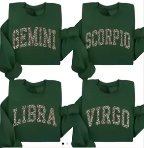 Full 12 Minimalist Zodiac Graphic Sweatshirt - Forest Green Color, Leopard Print Astrology Sign Pullover, Vintage Horoscope Crewneck for Women & Men