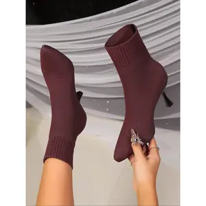 Women’s Stiletto Pointed Toe High Heel Boots – Stretch Knitted Ankle Booties for Slim Legs, Trendy Spring & Autumn Fashion, Comfortable Versatile Single Boots, Perfect Gift Idea Footwear Girl Walking Shoes Bota 2 Inch