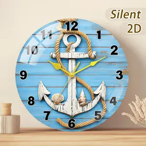 Wooden Round Clock with Anchor Design, Battery Operated Wall Mount, Available in 20-35cm Sizes, Perfect for Home Decor & Gifts