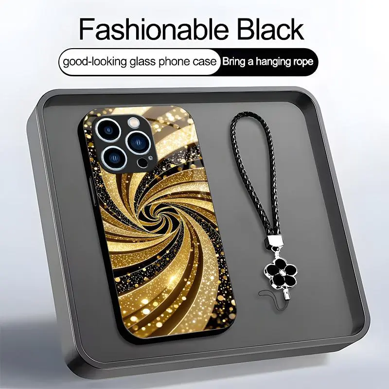 Luxury Liquid Gold Swirl Glitter Fluid Art Aesthetic Phone Case with Lanyard for iPhone 17/16/15/14/13 Pro Max and Samsung Galaxy S25 Ultra—975