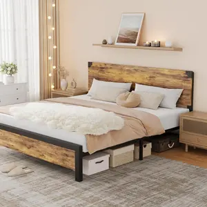 Full Bed Frame Platform Full Size Bed Frame with Wood Headboard Metal Full Bed Frame with Under Bed Storage and Support Legs Noise Free No Box Spring Needed Easy Assembly-Rustic Brown