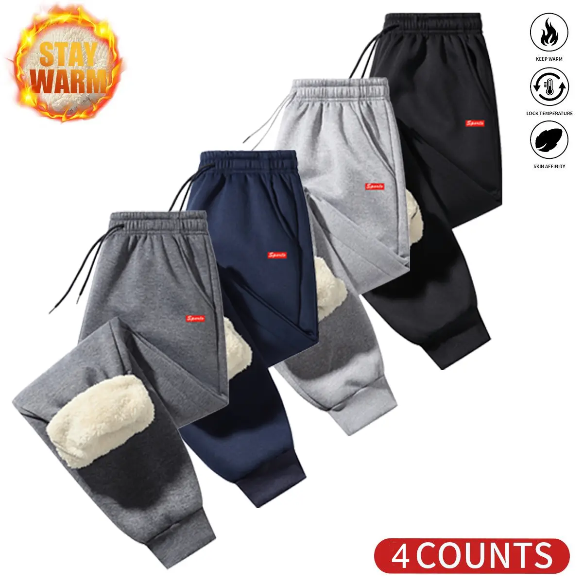 Men’s outdoor activity pants with a thickened fleece lining for winter, patterned design, zippered pockets, and ankle straps—sporty casual pants., Outdoor Activities Trousers, Sports Casual Pants