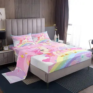 Unicorn Luxury Bedding Set,Kawaii Cute Rainbow Bed Sheets,Cartoon Horse Sheet Set,Galaxy Magical Pink Animal Easy Care Room Home Bedding