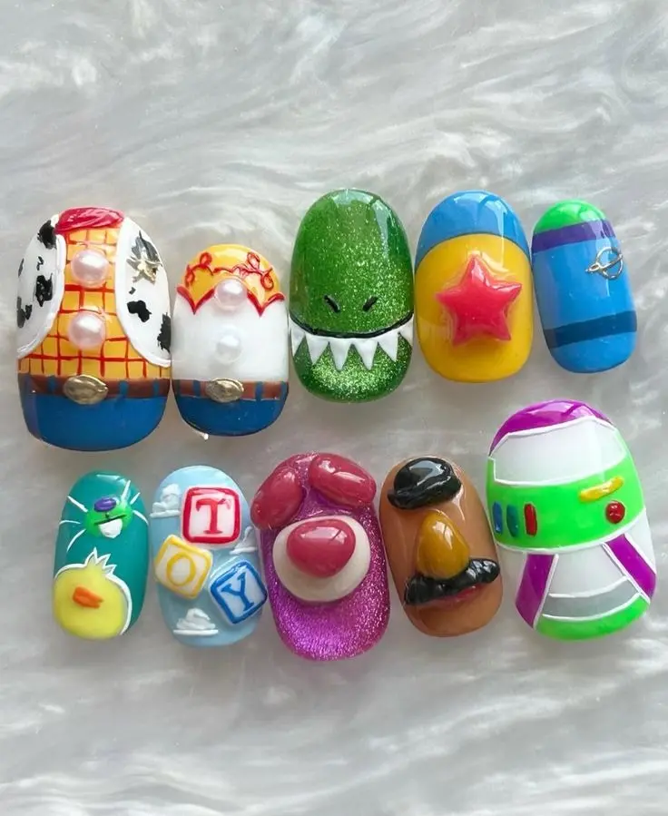Toys Story Inspired Press On Nails, Handmade 3D Cartoon Character Reusable Nail Set | Free Adhesive Tabs Nail File Cuticle Stick