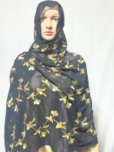 Big Size Khimar with Gold Floral Embroidery on Black Fabric for Women Elegant Hijab with Gold Floral Design