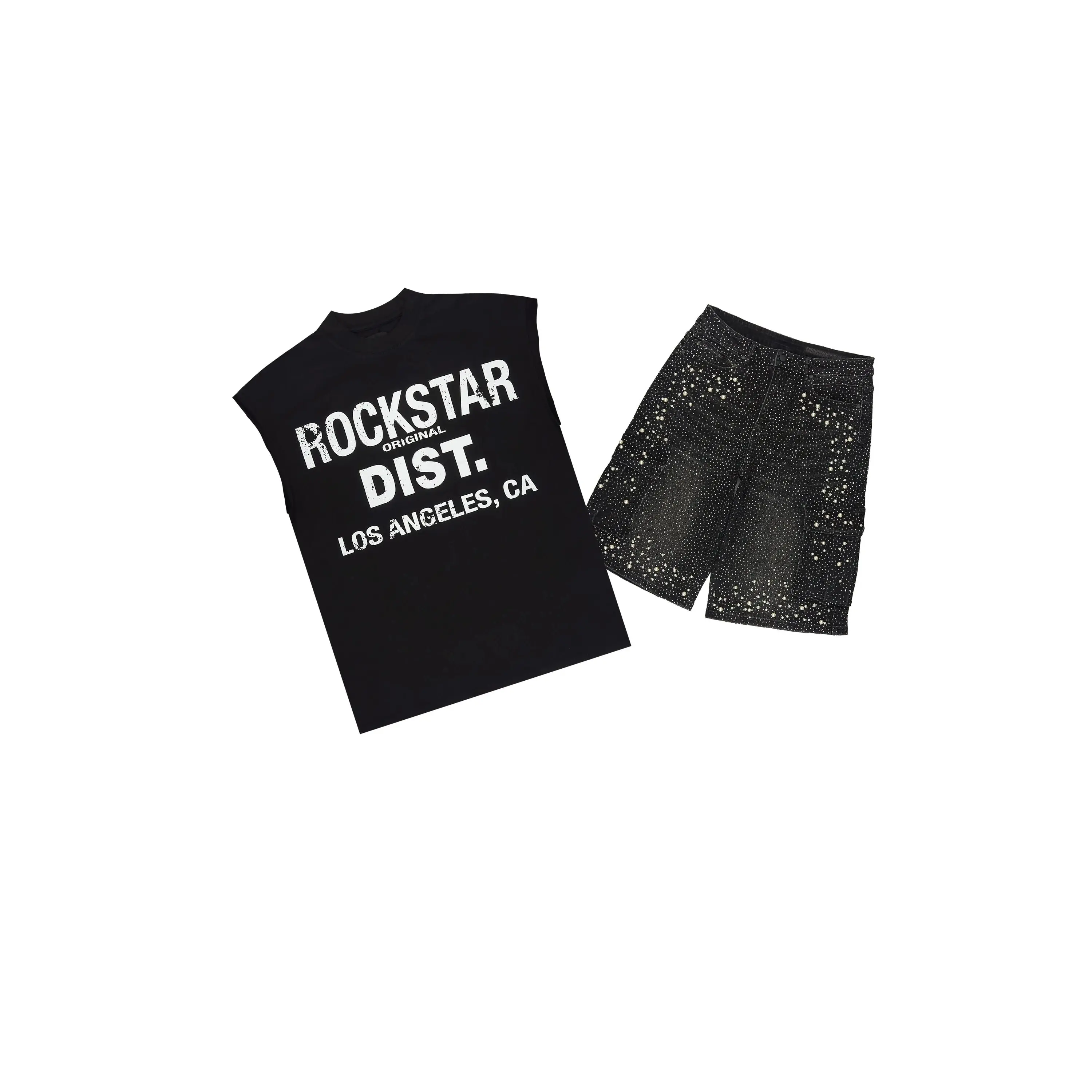 Sevyn Black/Black Rhinestone Cut Sleeve T-Shirt Denim Short Set