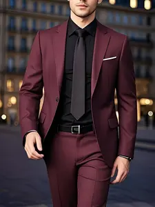 Men's 2pcs Slim-Fit Suit Set - Deep Burgundy (Navy-Like) Maroon Wedding & Business Formal Wear, Tailored Jacket & Trousers with Collar, All-Season Luxury Suit for Parties, Prom, Corporate Events, Business Attire Clothes