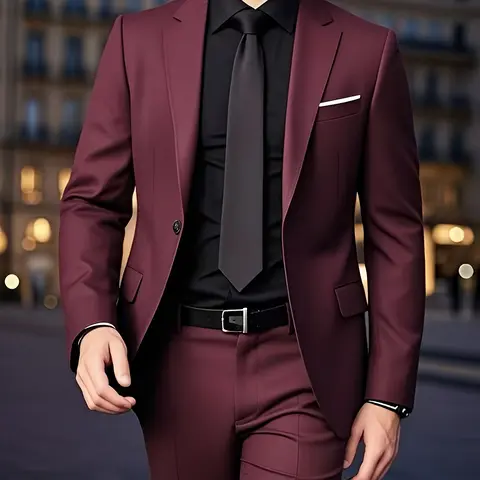 Men's 2pcs Slim-Fit Suit Set - Deep Burgundy (Navy-Like) Maroon Wedding & Business Formal Wear, Formal Business Attire, Exquisite Suits, Tailored Long Sleeve Jacket & Trousers with Collar, All-Season Luxury Suit for Parties, Prom, Corporate Events