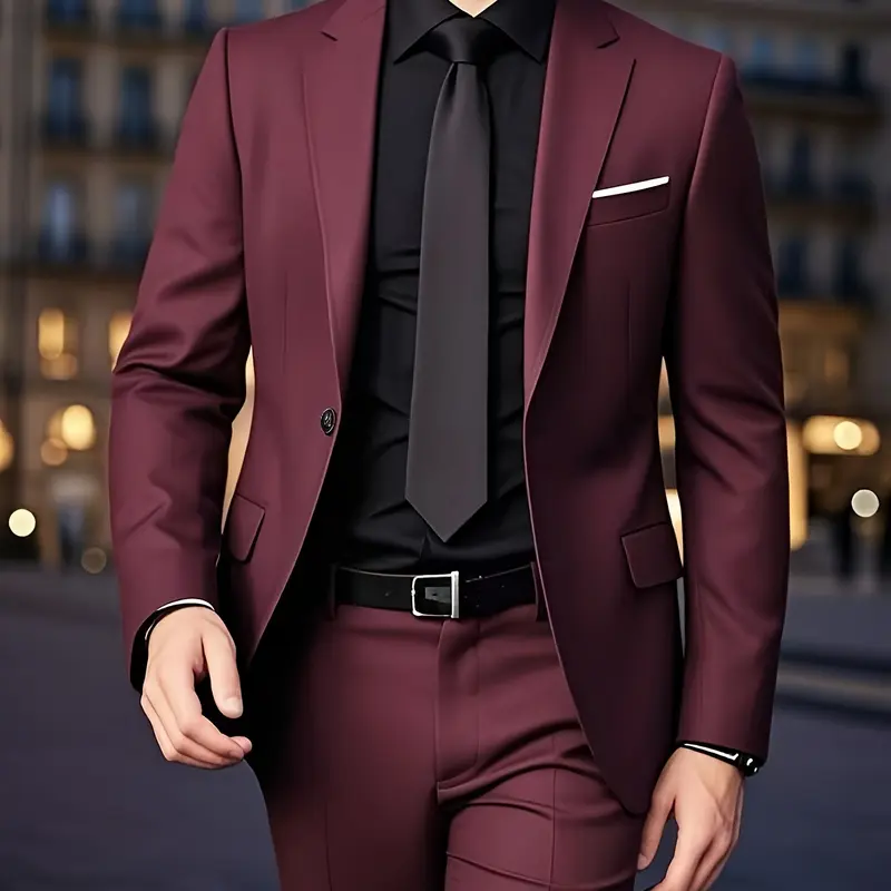 Men's 2pcs Slim-Fit Suit Set - Deep Burgundy (Navy-Like) Maroon Wedding & Business Formal Wear, Formal Business Attire, Exquisite Suits, Tailored Long Sleeve Jacket & Trousers with Collar, All-Season Luxury Suit for Parties, Prom, Corporate Events