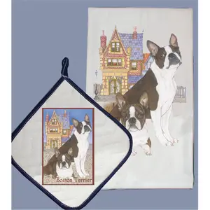 212 MAIN Decorative Quilted Kitchen Cloth Set - 1 Dish Towel, 1 Absorbent Cotton Pot Holder, 18x31 in, Boston Terrier Design, Ideal Home Care Supplies Gift, Decorative Set