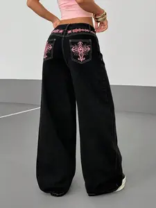 Sweet Cool Spicy Girl Style Back Pocket Cross Stitch Embroidery Wide Leg Pants, Streetwear Faded Denim Long Jeans, Trendy Fashion