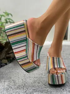Women's Vintage Colorful Striped Wedge Sandals, Thick Sole Waterproof Platform Slip-On Shoes, Vacation Style Height Increasing Outdoor Slippers