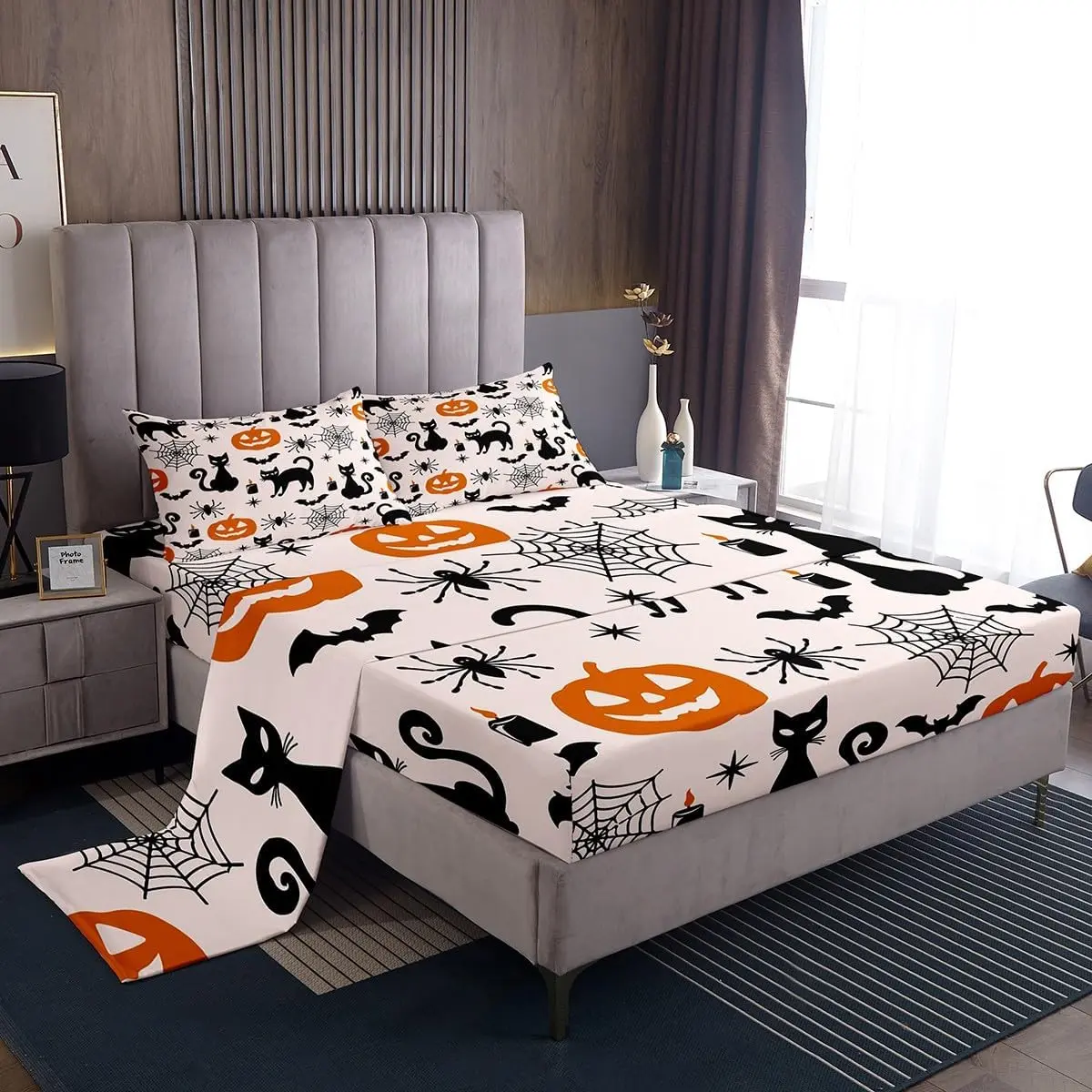 Feelyou Queen & King Size Halloween Decorative Bedding Set - Breathable Bat Print, Black Deep-Pocket Fitted Sheet, Machine Wash, for Teens, Halloween Decorations, Bedsheet Collections, Decorative Bedsheet Sets, Bat Print Bedding Sets Collections
