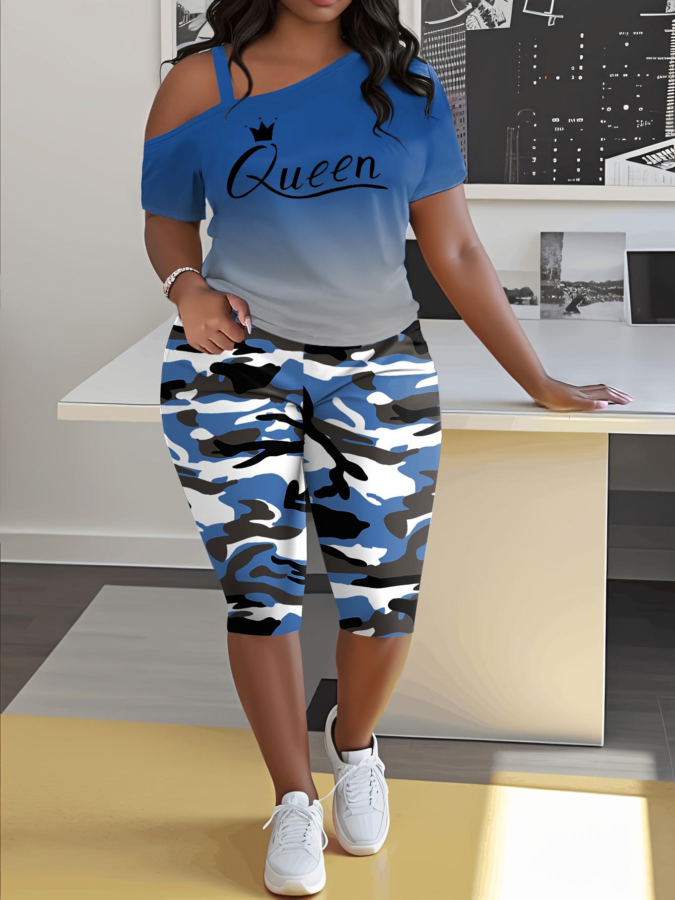 Women's 2-Piece Casual Chic Cowl Neck Shortsleeve Outfits - "Queen" Lettering Camisole, Camouflage Shorts, Casual Vacation Wear, Casual Chic Set