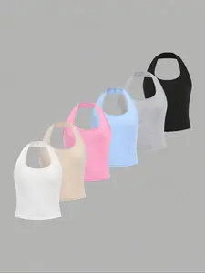 Women's Solid Color Halter Top, Breathable Top, Casual Sleeveless Top for Summer, Ladies Clothes for Daily Wear