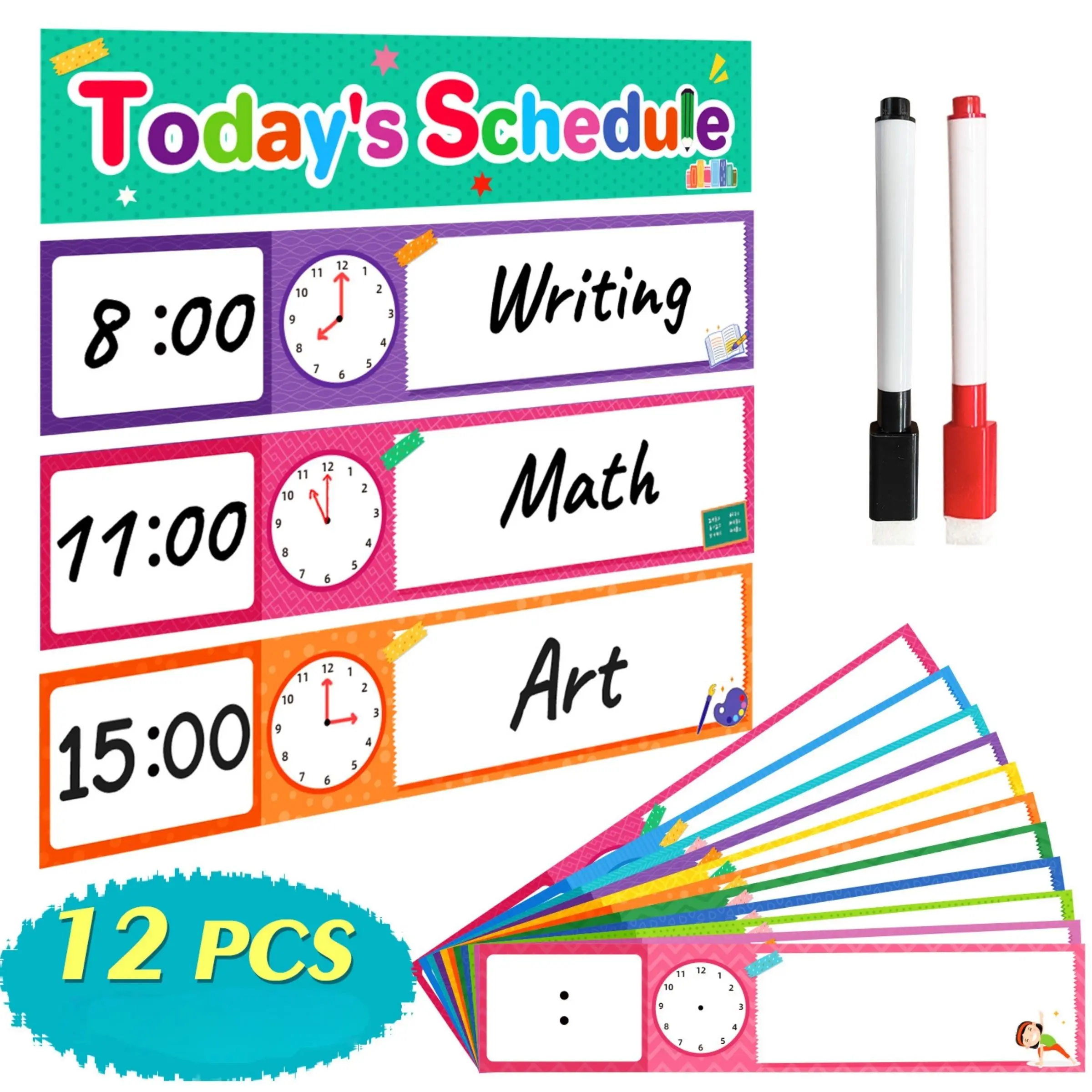 12 Kids Schedule Planners Wall Posters with 2 Erasable Markers, Classroom Supplies Charts, School Supplies, DIY Visual Classroom Decor for Self-Discipline, Perfect for Children, Visual Learning Tools