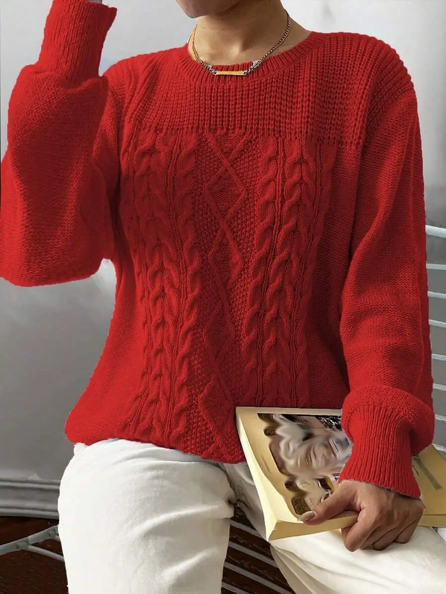 Christmas Plus Size Women Casual Solid Color Crew Neck Long Sleeve Sweater