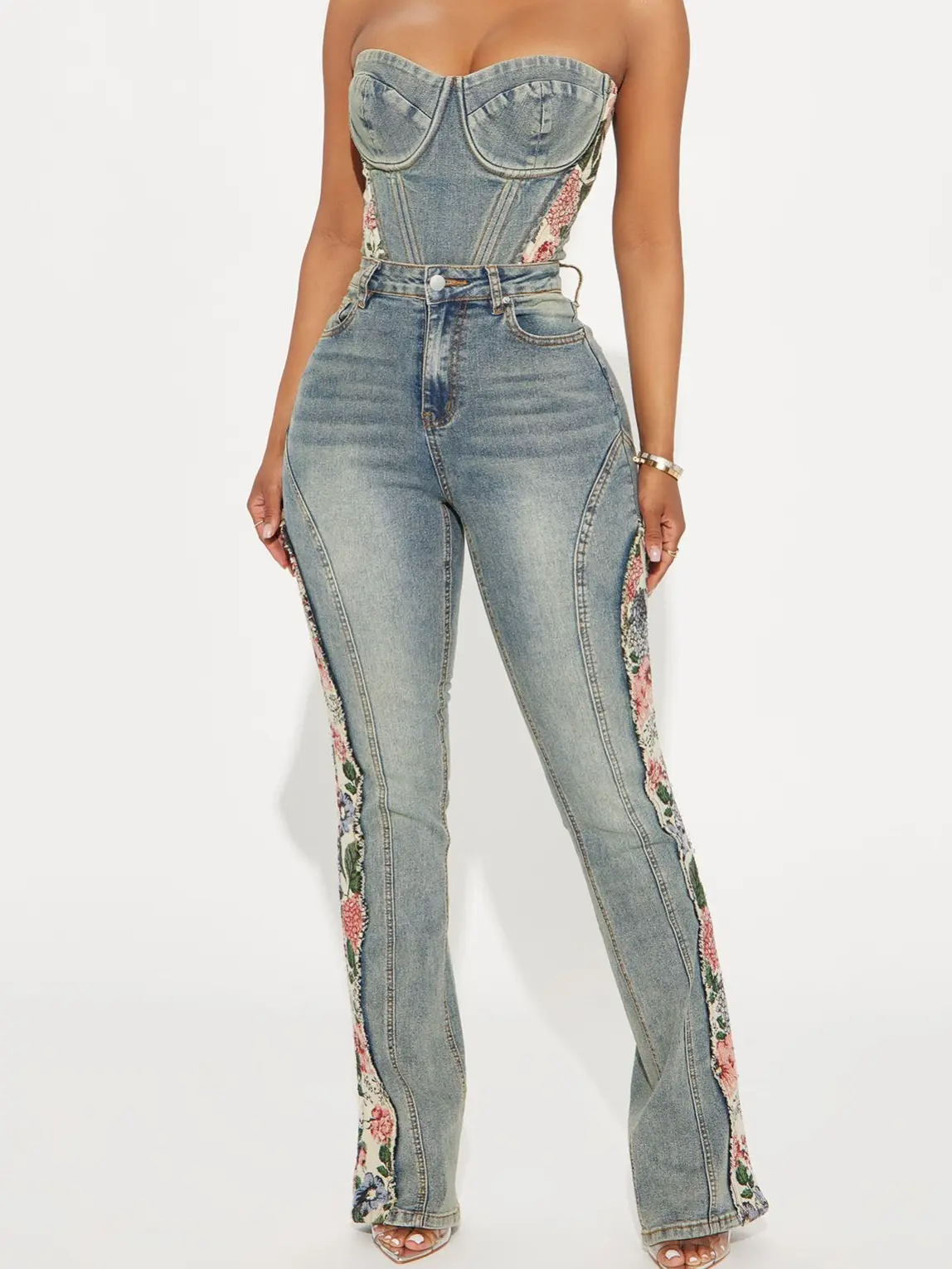 Amari Floral Stretch Bootcut Jeans Vintage Wash Womenswear Bottom - Stretch Material & Bootcut Style for Everyday Wear
